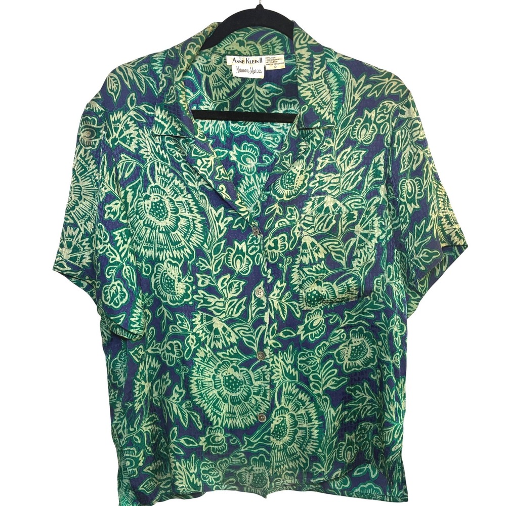Vintage Anne Klein 100% Silk Floral Collared Top Vacation Artsy Coastal Grandma